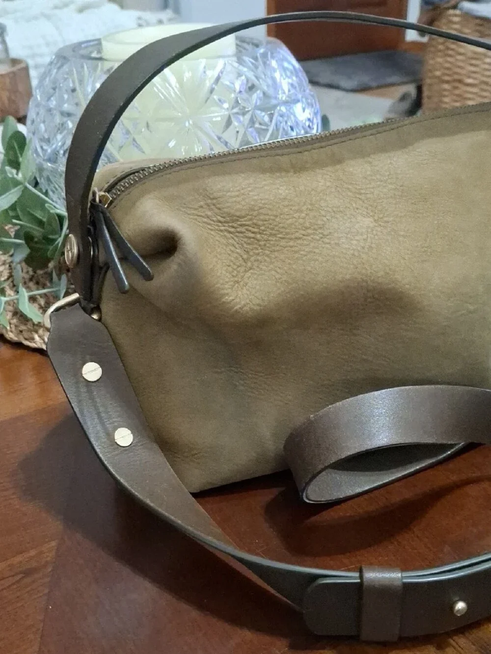 Skagen Leather Crossbody Bag in Olive with Dark Brown Adjustable Strap